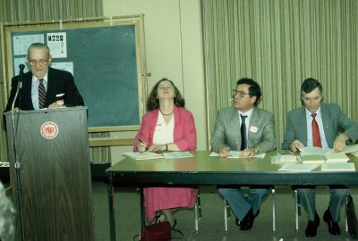 Ferenc Somogyi from Cleveland giving a paper. At the table: Enik? M. Basa, Peter Pastor, Károly Nagy