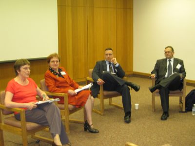Roundtable discussion (from left): Judith Kesser? Némethy, Katalin Vörös, Endre Szentkirályi and Attila Papp Z., invited speaker, Hungarian Academy of Sciences, Etnikai-Nemzeti Kisebbségkutató Intézet