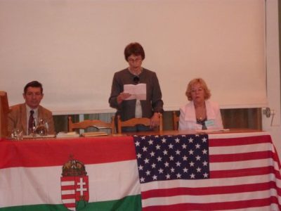 Plenary speaker Miklós Kontra, AHEA President Judith Kesser? Némethy and Local Organizing Comm. Chair, Kissné Novák Éva, at the opening of the conference